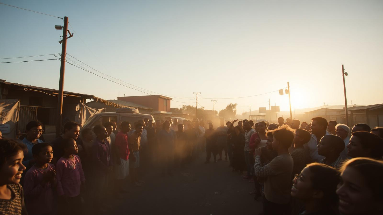 A crowd gathered around a street performance at golden hour